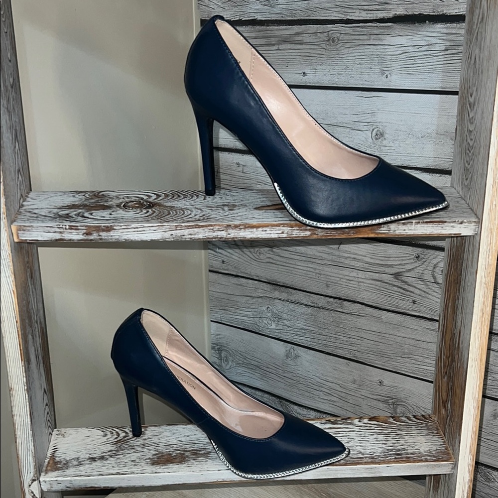 BCBGeneration Navy Pointed Toe Stiletto Pumps with Rhinestone Trim